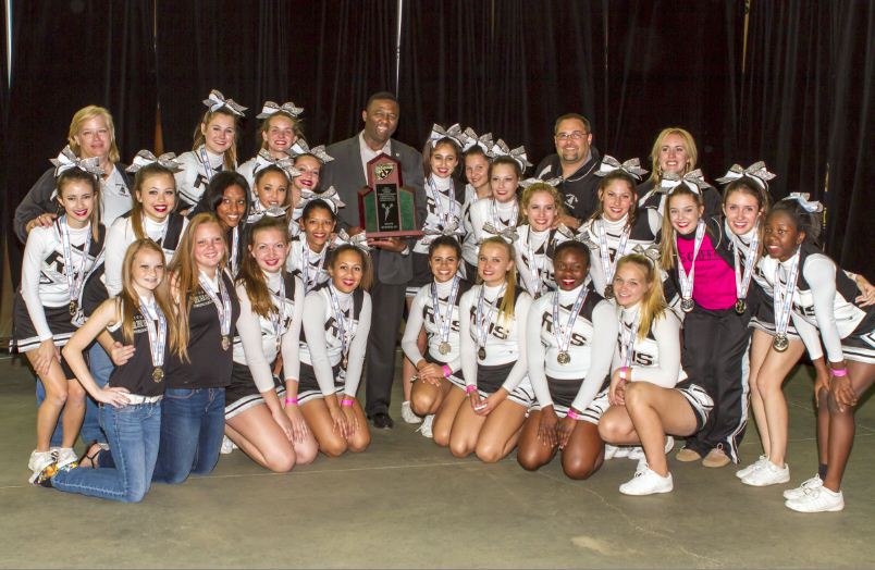 The+2012-13+Varsity+Cheerleading+squad+with+their+coaches+and+Robinson+High+School+Principal+Johnny+Bush+with+their+State+Runner-Up+Trophy+in+Kissimmee%2C+Fla.