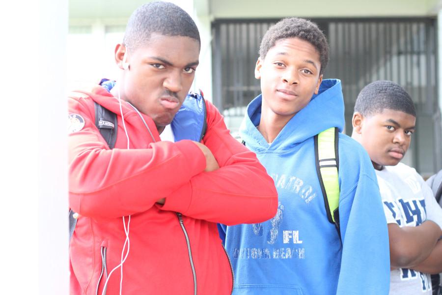 Keldric Preston (16), Christopher Herring (16), and Jarod Jones (16) are on their way to class.