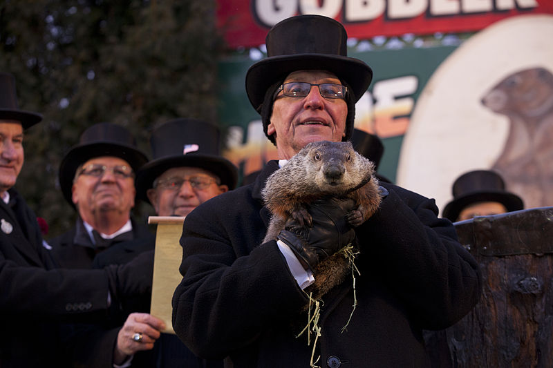 Mayor De Blaiso presents the groundhog during last years celebration.