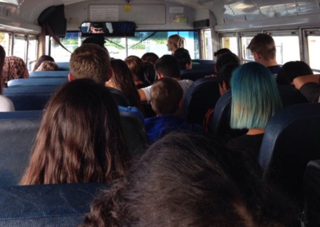 Students aboard the Westchase bus are forced to sit in the aisles.