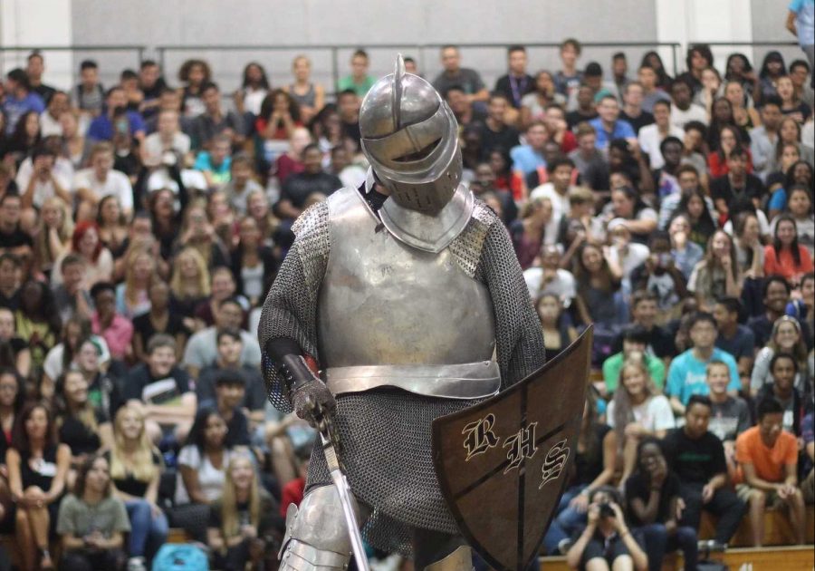 The old Knights mascot slays the Plant Panther at the 2015 Plant pep rally. In addition to a new person, the 2016 mascot will also have a new costume.