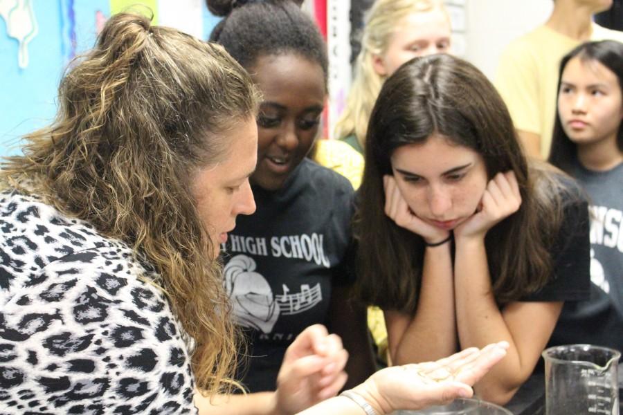 Oliver shares a brittle star with students Bemlak Ambaye (17) and Lauren Cohen (17).