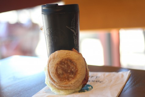 A turkey bacon breakfast sandwich and hot tea are good breakfast choices at Starbucks.