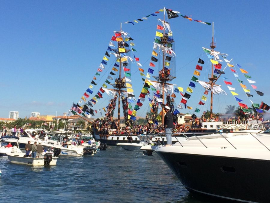 The Gasparilla pirate ship descends onto Tampa Bay. Image courtesy of Wikipedia commons.