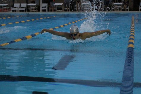 Maya Fisher (20) races down the lane doing a butterfly stroke.