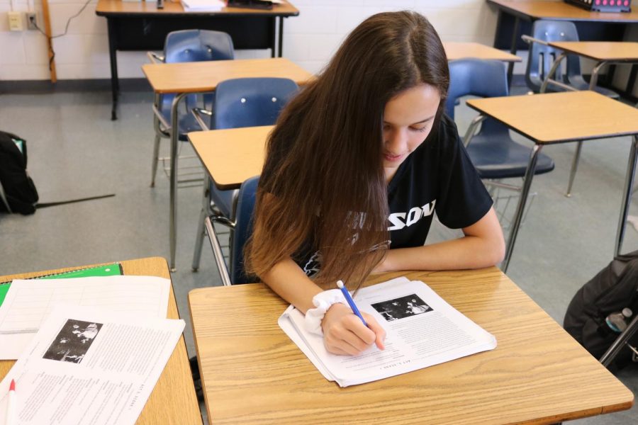 Macey Hatton (19)  works on an assignment.