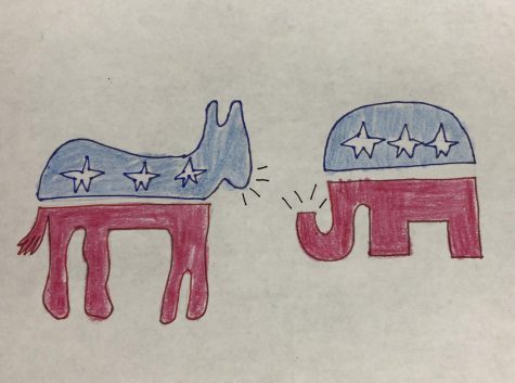 A drawing illustrating an argument between the Republican and Democratic parties (illustration by A. Woodward).