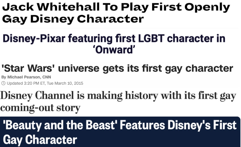 A collage of different headlines, all about a first gay character from Disney. 