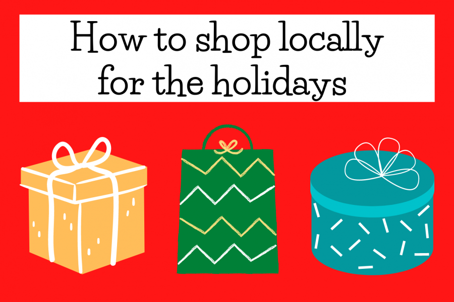 Graphic depicting gifts and the phrase how to shop locally for the holidays.