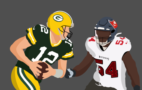 Illustration of Packers QB Aaron Rogers and Bucs linebacker Lavonte David.