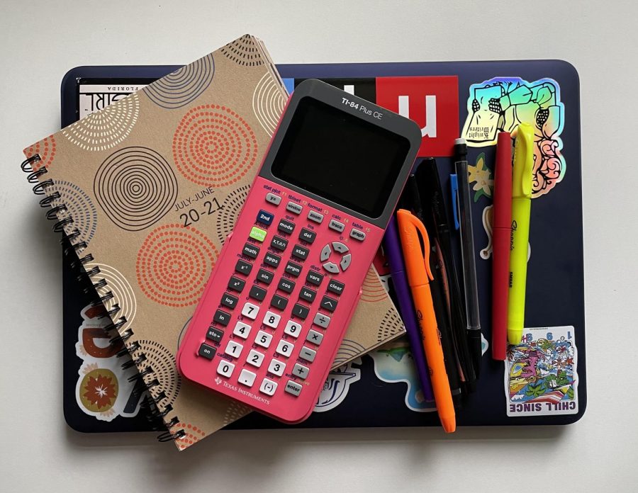 Despite working from home, eLearners still had to stock up on school supplies. Pictured here are pens, highlighters, pencils, a calculator, a planner and a laptop.