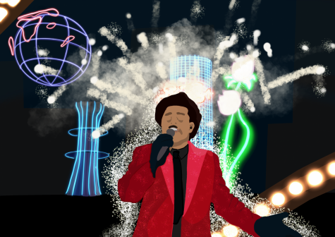 Illustration depicting the Weeknd performing at the Raymond James Stadium during the Halftime Show.