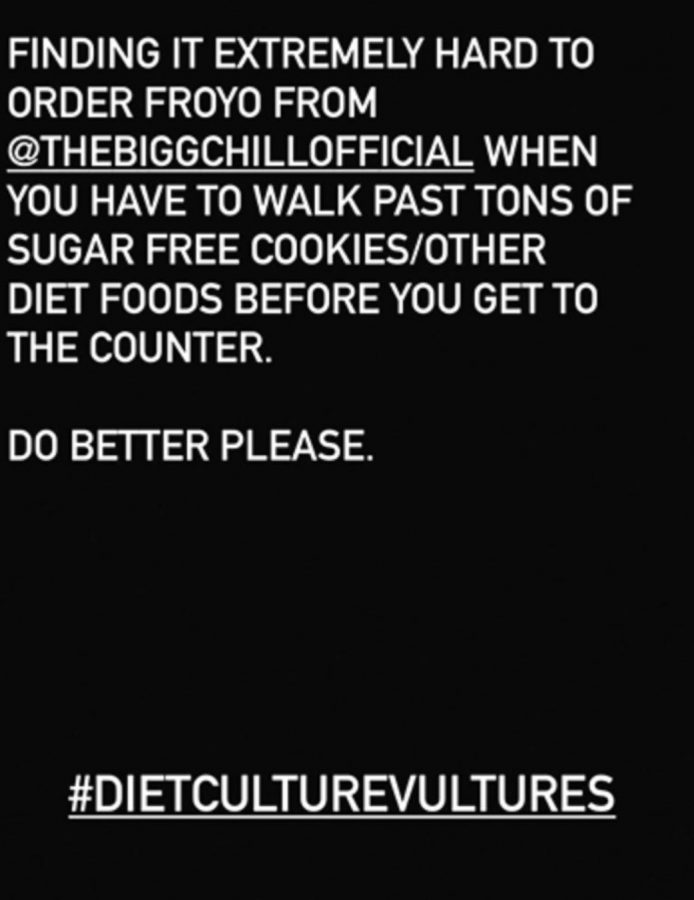 A screenshot of Demi Lovatos original post on her instagram story criticizing the dietary treats at a Los Angeles frozen yogurt shop.