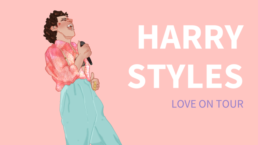 Graphic and illustration of Styles in one of his outfits from the tour.