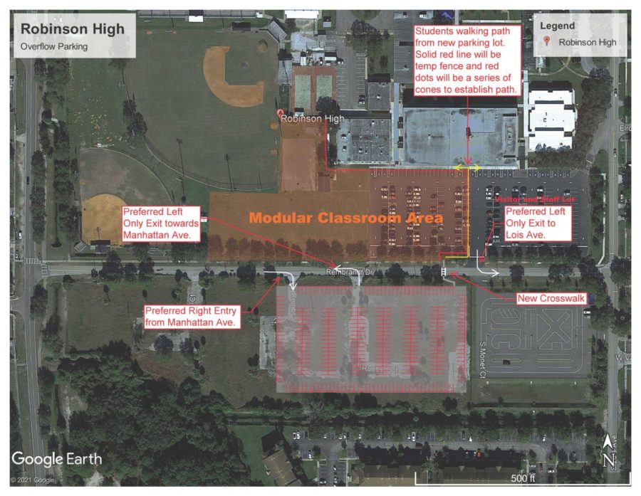 A map depicting the new parking and pick-up line procedures for 2021-2022.