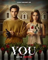 Official poster of YOU season three, featuring Penn Badlgey who plays Joe Goldberg (left), and Victoria Pedretti who plays Love Quinn (right).