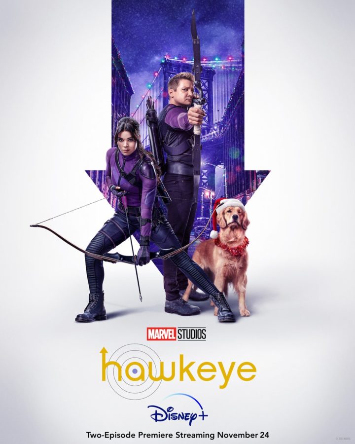 The main poster for the TV show Hawkeye. In it poses Kate Bishop, Clint Barton and Lucky the Pizza Dog/