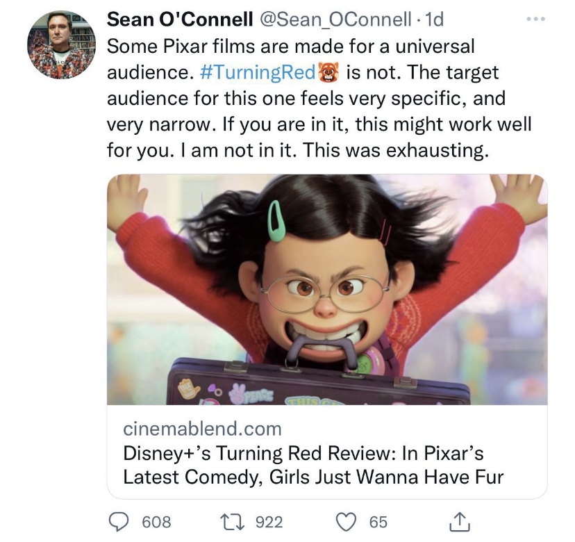 Sean OConnell comments his opinion about Turning Red on Twitter