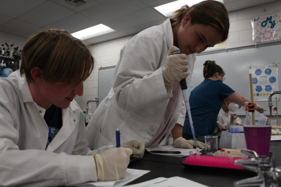 Students Hailey Green (23) and Jonah Irwin (23) take notes during their lab.
