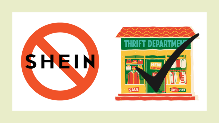 Graphic depicting positive impact of thrifting over buying fast fashion from sites such as Shein.