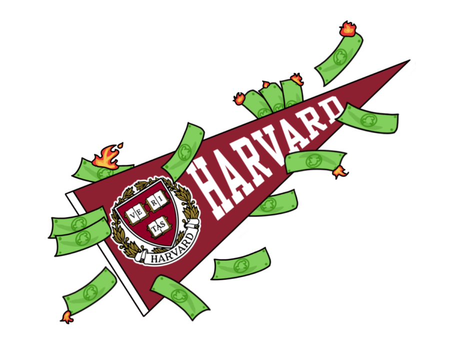 The Harvard University pennant surrounded by money going up in flames.