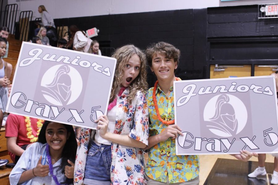 Student Body President Maddy Berg (24) and General Member Leyton Perkey (24) pose as they hold up the gray junior signs. Berg and Perkey are members of the Student Government Association (SGA), which planned the pep rally. My favorite part of the pep rally was seeing the juniors development. Last year, we were really quiet but I feel like weve definitely improved and Im so excited to see us become even more hype. Berg said. 