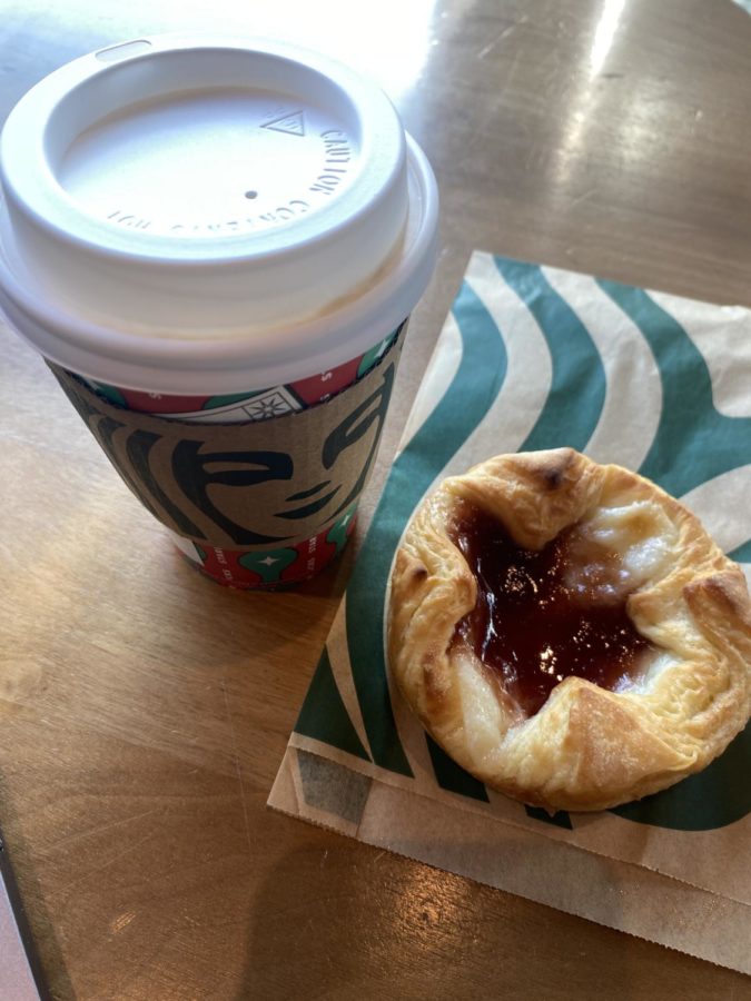 Sugar plum cheese danish and a Starbucks holiday cup.