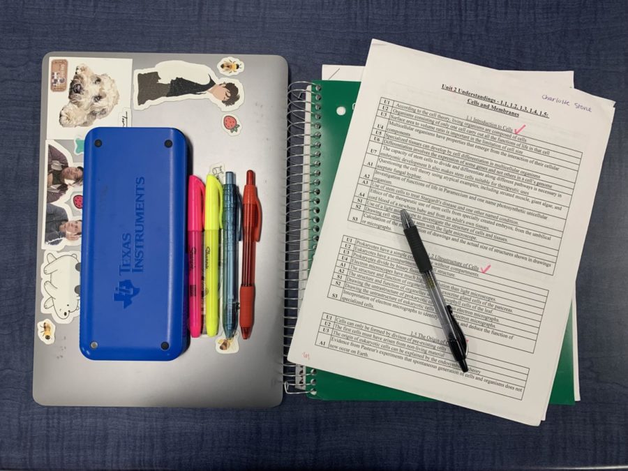 Image depicting supplies needed to study including a computer, notebook, notes, calculator and multicolored pens and highliters.