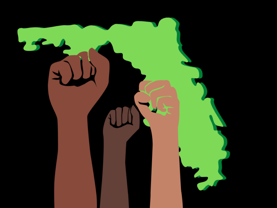 Protester fists in front of an outline of the state of Florida. Graphic developed on Canva.