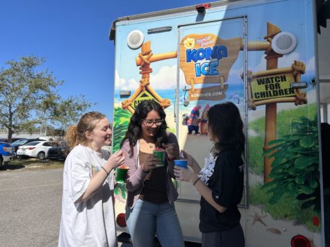 (From left to right) Julia Cardillo (23), Adriana Navarrete (23) and GIa Fogg (23) take the first bite of their snow cones. 