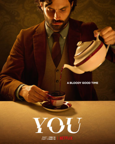 Season four promo poster of Joe Goldberg (Penn Badgley) pouring blood into a tea cup. 