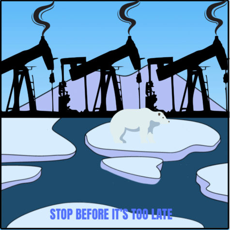 Digital image created on Canva with a Polar Bear and oil drills behind it to represent what could be if the Willow Project is approved. 