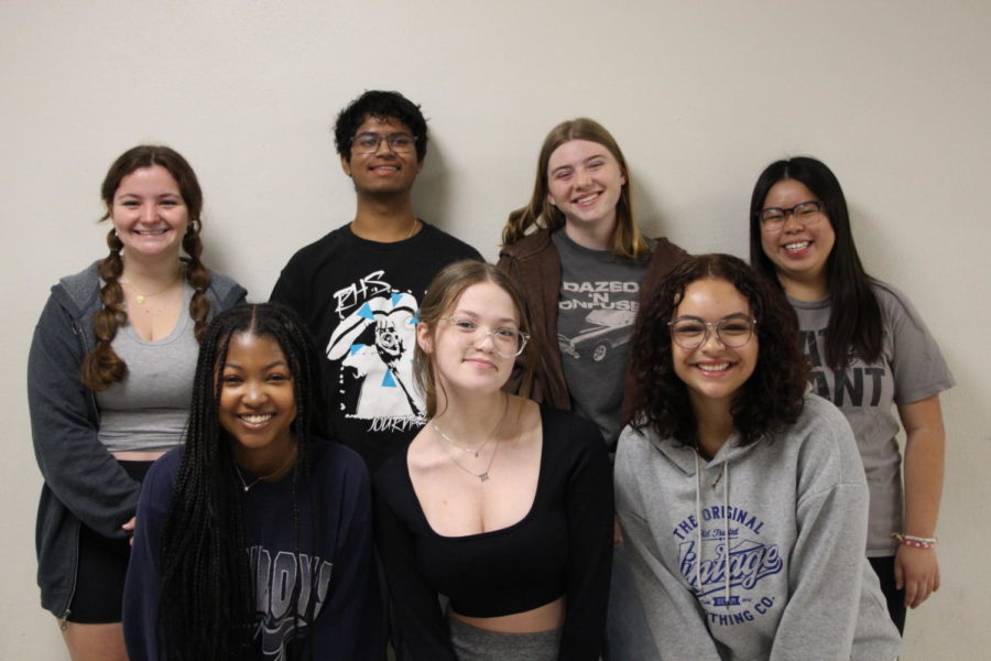 Introducing the 2023-2024 Knight Writers Editorial Board. Back: (from left to right) Ashlyn Miller, Vikram Sambasivan, Charlotte Stone and Cecilia Cheng. Front: (from left to right) Jadyn Grayes, Keirra McGoldrick and Yesenia Rosario. 