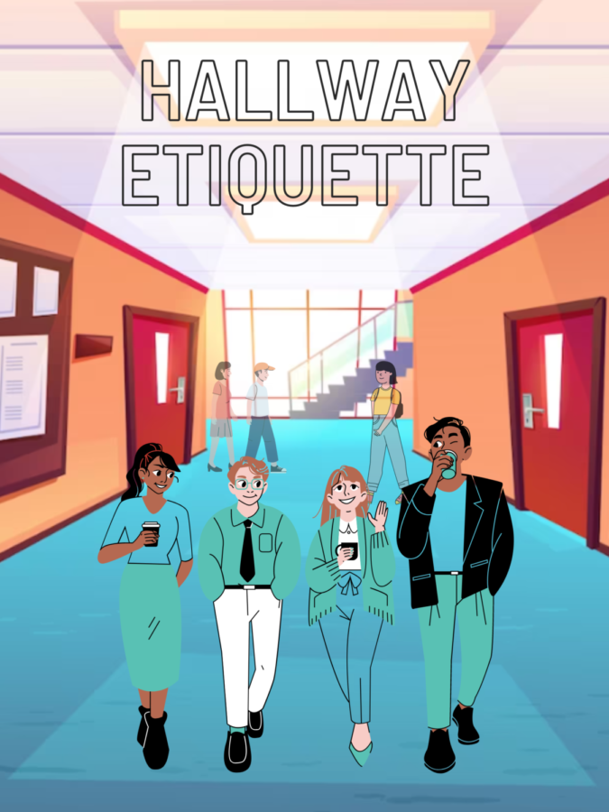 A Canva graphic depicting students walking in a school hallway. 