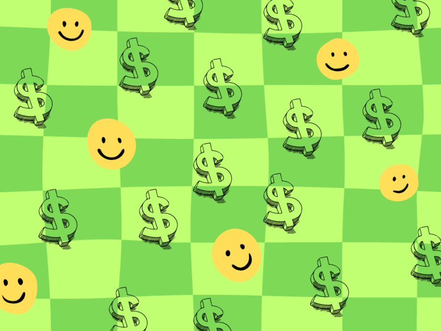 A pattern of smiley faces and US dollar signs. Graphic developed on Canva.