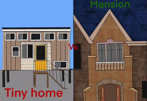 A drawing contrasting a tiny home to a mansion. As land become more scarce, many are seen moving into tiny homes nowadays. 