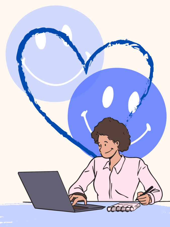 A Canva graphic depicting a women working with two happy faces and a heart in the background.