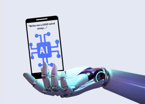 Digital photo created on Canva of a robotic hand holding a phone asking AI to write it an essay. 