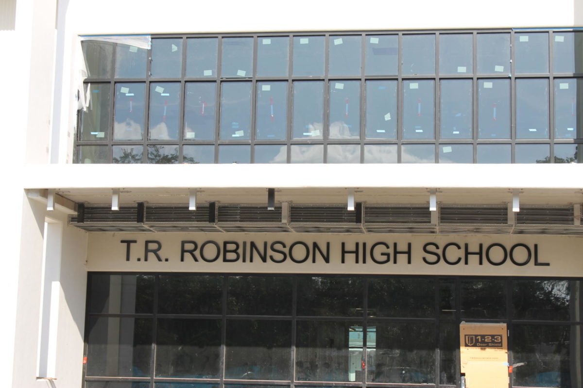 The official Robinson High School Sign at the front of the main building. The main building will contain the main office, Knight Tavern Restaurant, business labs and the Robinson journalism classroom. 
