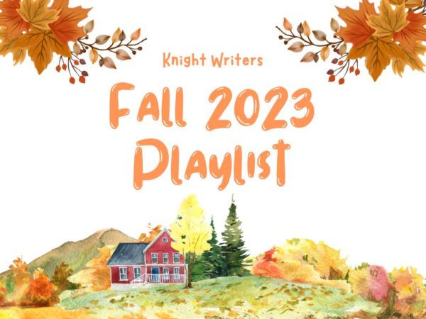 A Canva graphic depicting leaves and text that reads “fall 2023 playlist.”

