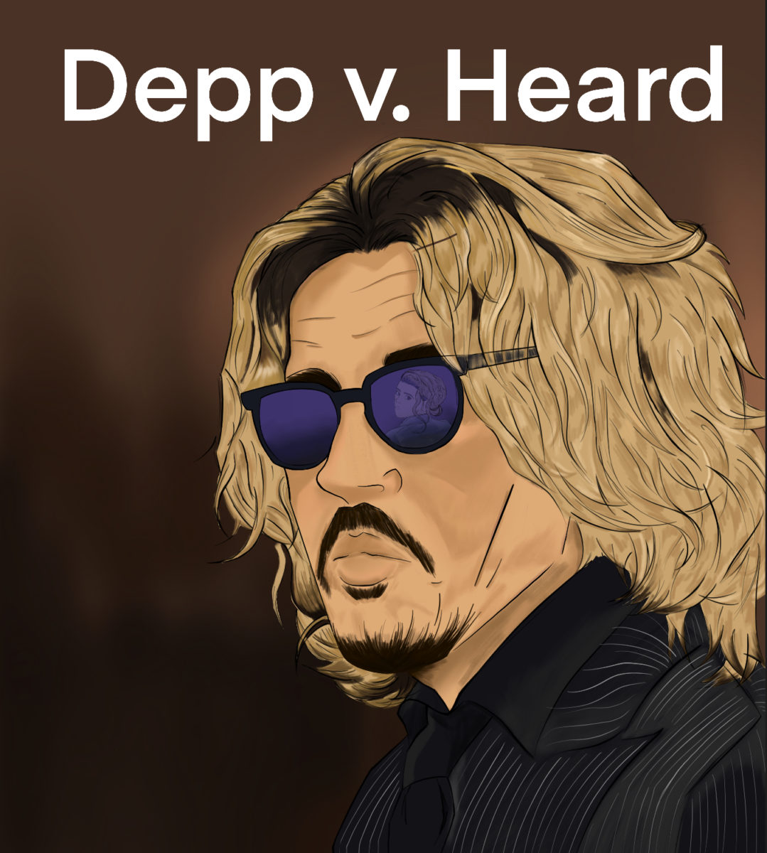 An illustration depicting Johnny Depp during the trial. Amber Heard is seen in the reflection of his sunglasses. 
