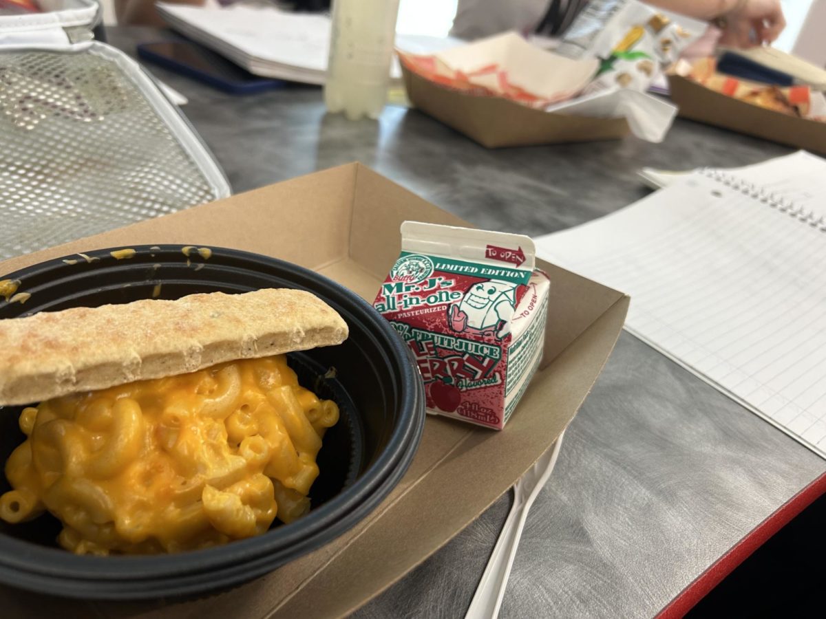 An example of school lunch which consist of mac and cheese, a single bread stick and juice. 
