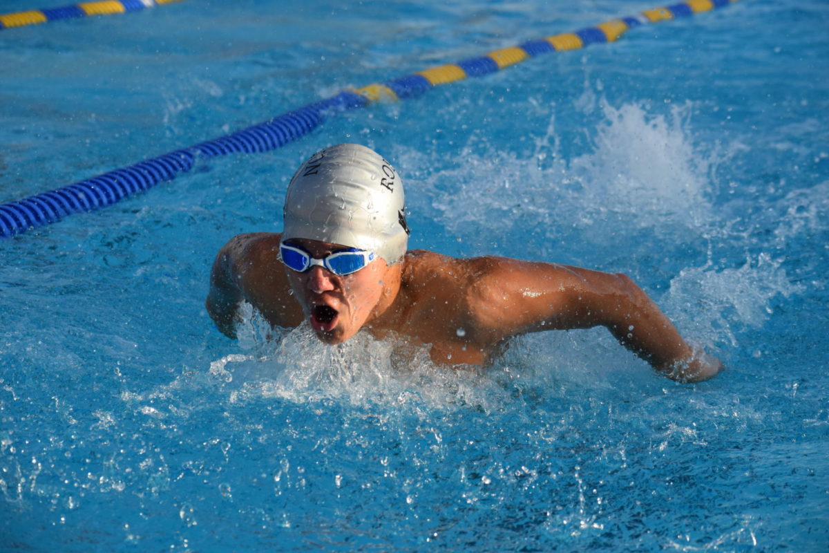 Anthony Helmer (25) swimming in the 200 medley relay at the rival meet against Plant High School.