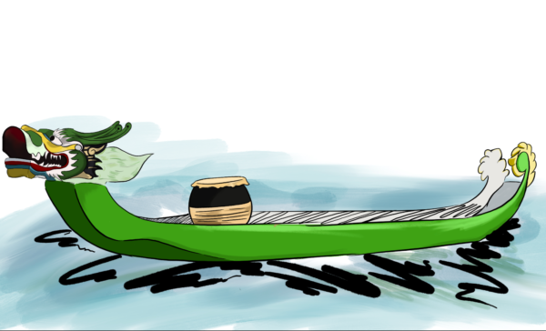 An illustration depicting a traditional dragon boat on the water. 