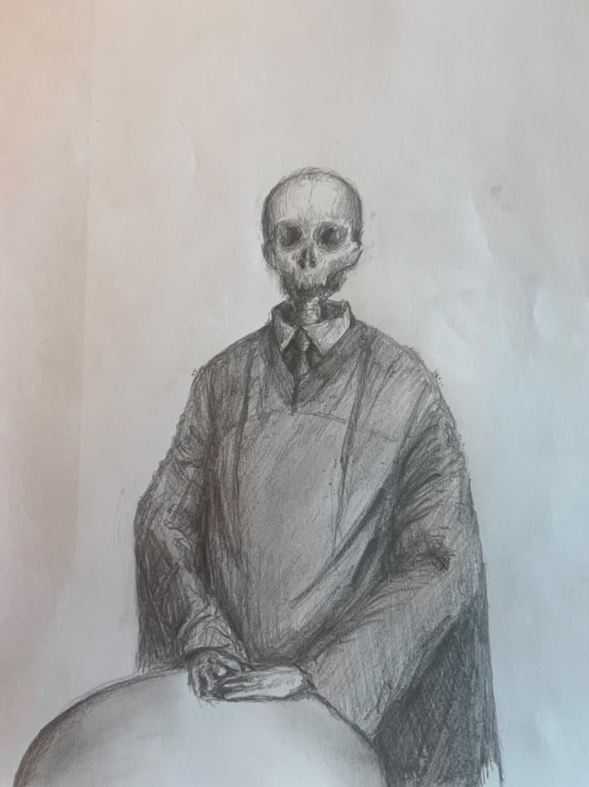 An hand-drawn illustration depicting a skeleton in a suit and gown. 