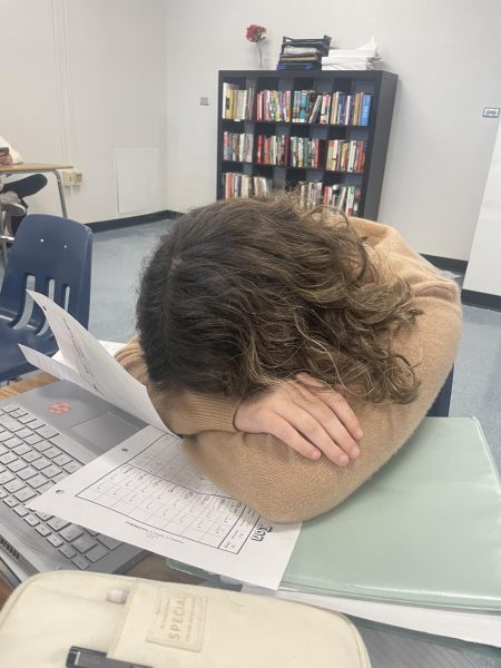 IB Sophomore Aviva Probasco tiredly lays down on her desk.