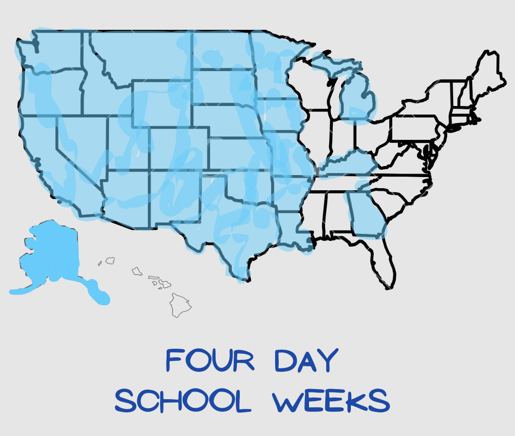 Map of states made on Canva with districts using four day school weeks.