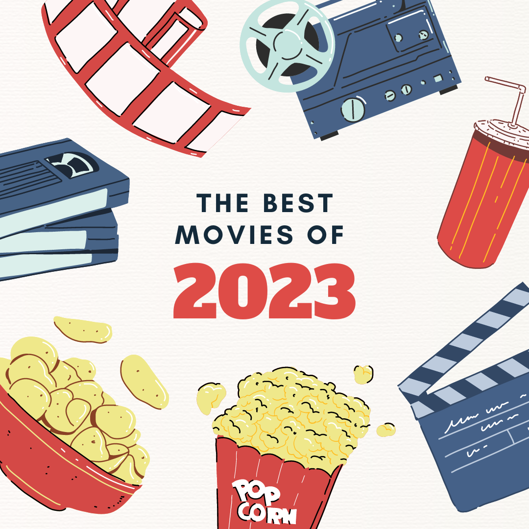 A Canva illustration depicting food and films and text saying the best movies of 2023.