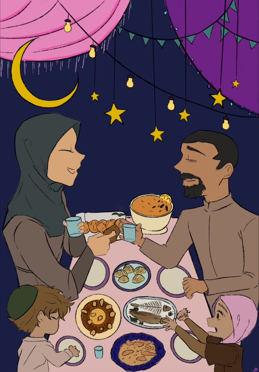 An illustration of a family breaking their fast with a festive meal. 
