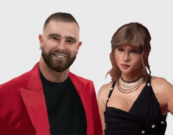 An illustration of Travis Kelce and Taylor Swift